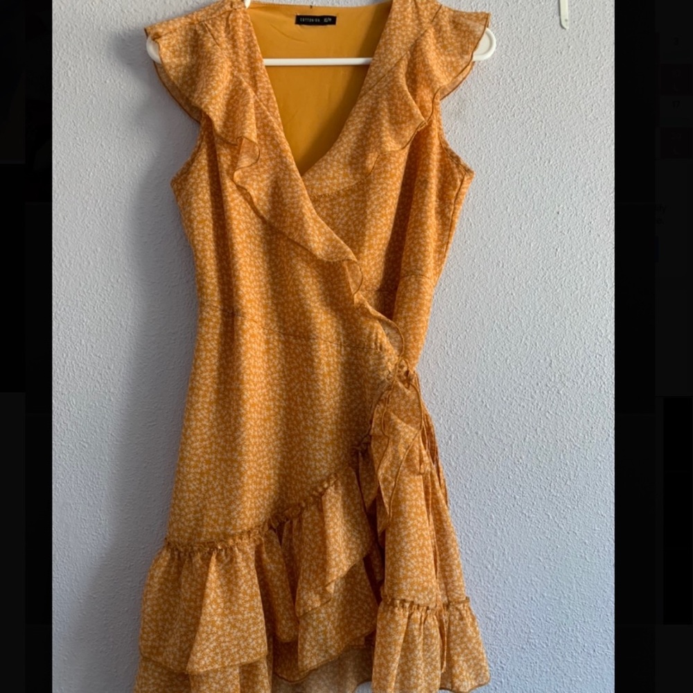 Yellow Polka Dot Ruffle Wrap Dress